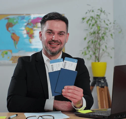 A person in a black suit holds two blue passports and boarding passes, with a world map and flags of Canada and the USA in the background.