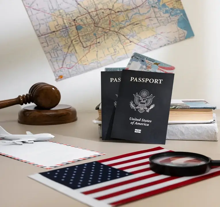 Two U.S. passports with green cards peeking out, placed on a desk with a gavel, model airplane, American flag, and a travel map in the background.
