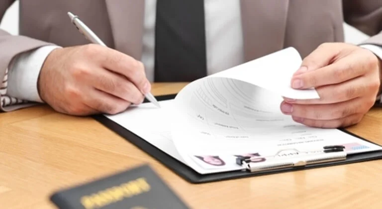 A man's hands hold documents while he signs paperwork on a clipboard, with a small American flag and a passport visible on the table.